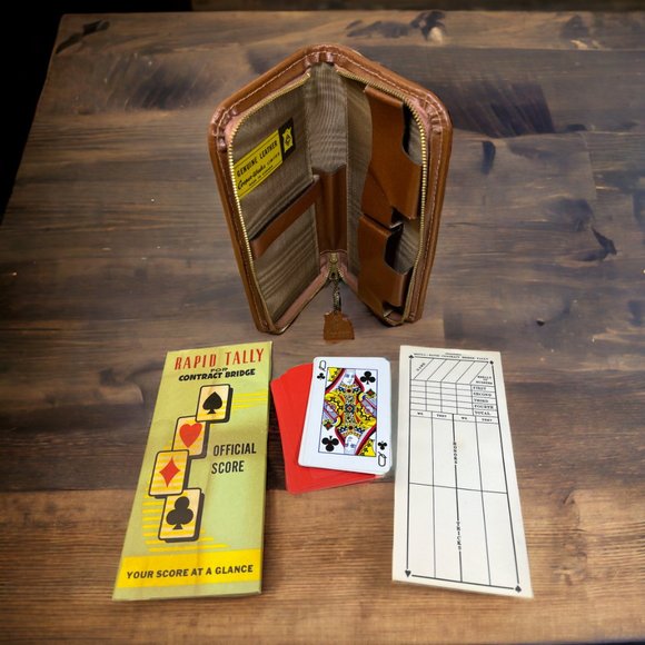Vintage Bridge Card Game Carrying Case Genuine Leather & Playing Cards - Picture 9 of 11